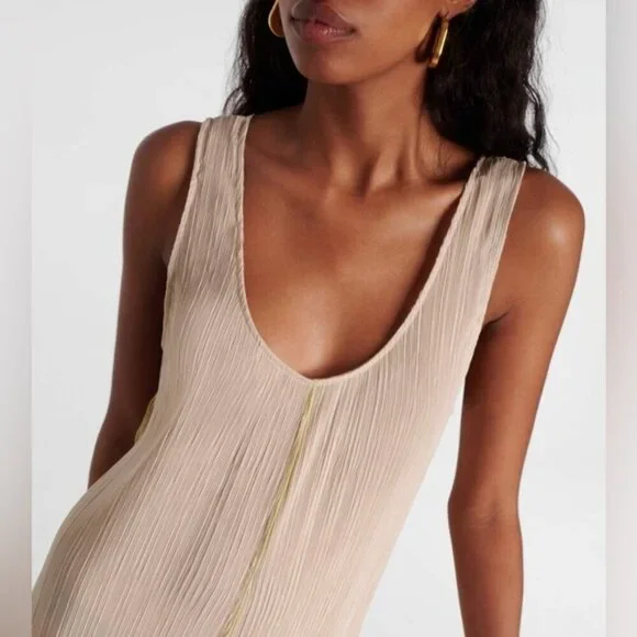 NEW Toteme Plisse Crinkled Scoop-Neck Maxi Dress in Cream Beige | size 32 / US 0 - Picture 2 of 14